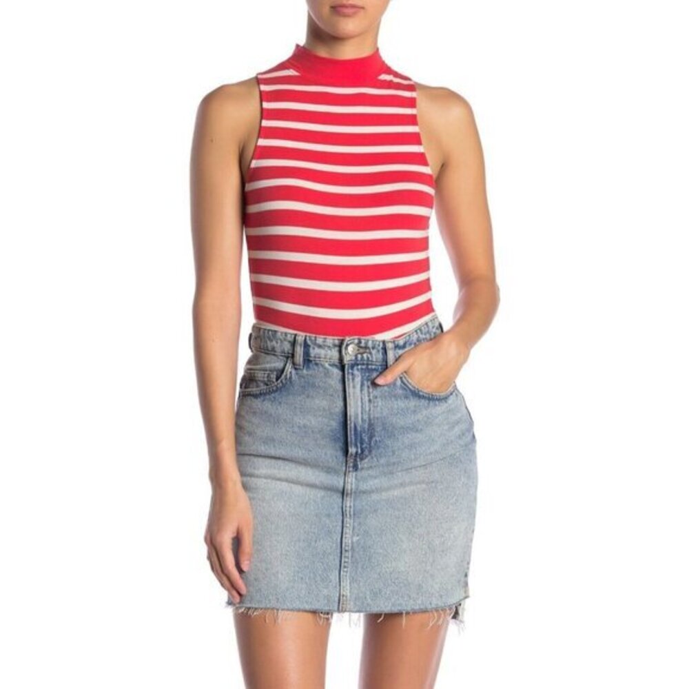 Abound Red White Striped Sleeveless Mock Neck Cotton Bodysuit SZ XL New